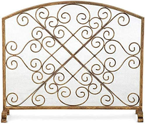 Protezione dalle scintille Pannello ad arco singolo Parascintille per camino Oro - Telaio in ferro battuto massiccio con rete metallica, Design decorativo a scorrimento, Parascintille autoportante