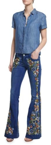 Schlaghose Damen Jeans Blumen - Jeanshosen Jacquard Denimhose Vintage Stickerei Schlagjeans Elegante Bootcut Röhrenjeans Hohe Taille Flared Pants Y2K Style Denim Freizeithose