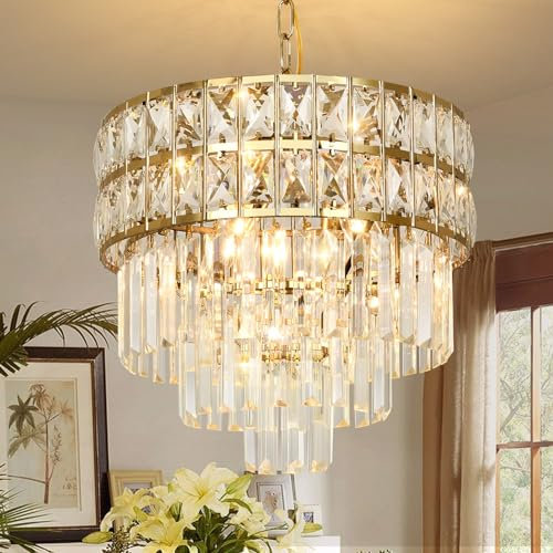AOOCHOK Modern Crystal Chandelier Gold Pendant, Round Crystal Light Fixture Hanging Lamp, for Dining Room, Restaurant, Hallway, Balcony, Φ40cm