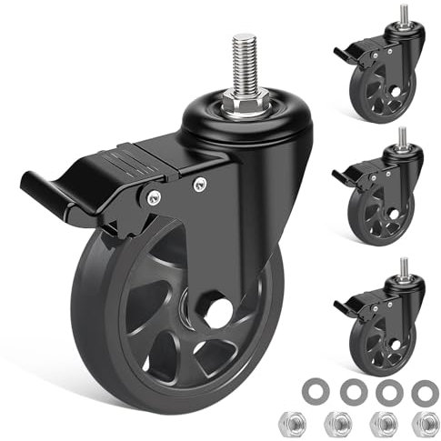 IQWTU 125mm Ruote per Carrello con Perno Filettato M10 x 1,5 x 30 mm, Set di 4 Ruote per Mobili con Freno, Cuscinetti Doppi Ruote Girevoli a 360°, Ruote Piroettanti per Carichi Pesanti Fino 700kg