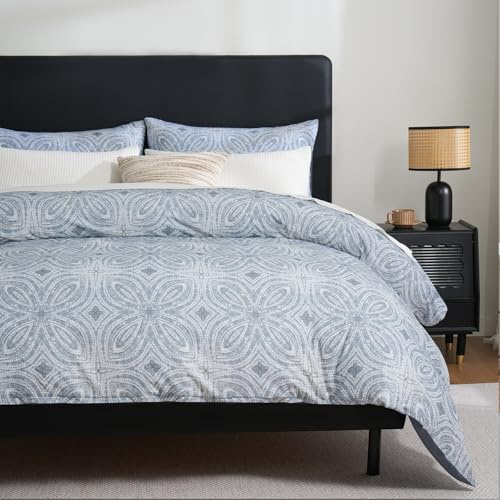Zusbest Duvet Cover Queen Flannel-Like for Extra Soft 100% Cotton Reversible Grey Navy Blue Modern Bedding, Patterned Bed Cover Luxury Classic Printed Zipper Comforter Cover Set 3 Pieces- No Filling