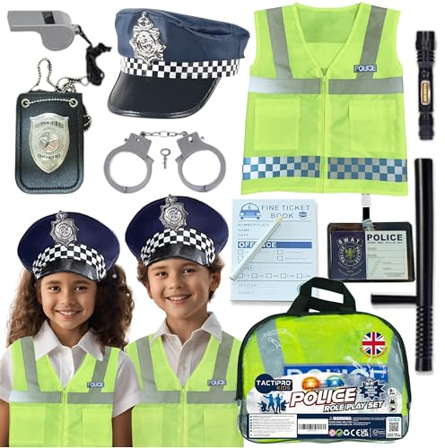 Kids Police Costume toys set Police Officer Outfit Dress Up Ideal for Boys & Girls. Includes Police Vest Hat handcuffs whistle badge baton & torch. Fancy Dress for FBI SWAT action STEM & Roleplay fun