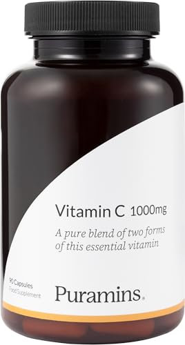 Pure Vitamin C 1000mg, 90 High Strength Capsules (Not Tablets), No Additives, Fillers or Magnesium Stearate, Ascorbic Acid and Sodium Ascorbate Powder Complex, VIT C, Made in The UK by Puramins