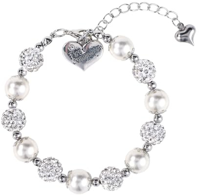 Första Nattvardsarmbandet för Flickor, Pärla och Strass Berlockarmband med Hjärthänge Första Nattvardsarmbandet Handgjort för Doppresenter Smycken för Flickor (Silver)