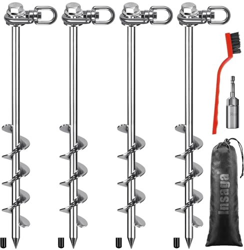 Insaga 14 Ground Anchors with a Hex Head and 360° Swivel Adjustment (4Pack), Tent Stakes Heavy Duty for Trampolines, Mobile Homes, Swing Sets, Sheds, Carports, and Securing Animals - Chrome Plated