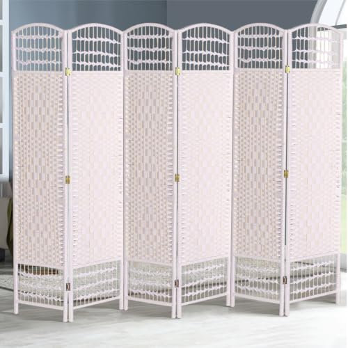 Warmiehomy Room Divider Free Standing Privacy Screen 240cm(L) x 170cm(H) White Wicker Folding Screens and Room Dividers for Home Living Room Bedroom Office Lobby, 6 Panel