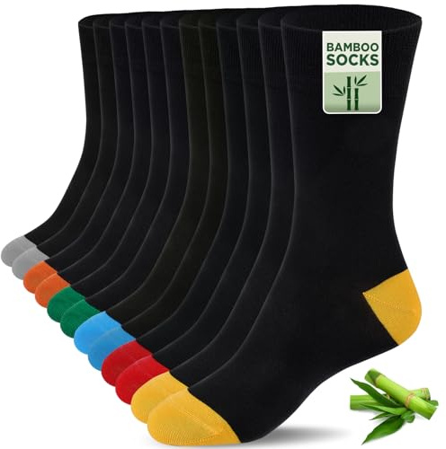Niofind Bamboo Socks for Men and Women, 6 Pairs Crew Seamless Soft Colored & Black Dress Socks Multipack 9-12, Breathable, Durable, Odorless, Comfortable, Valentines Birthday Gifts for Him Her Couples