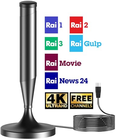 Antenna TV Interna con Base Magnetica – Ricezione 360°, Cavo Coassiale da 5M, Supporta Segnale Digitale Terrestre 4K/1080p, Compatibile con TV Smart, DVB-T/T2, Facile Installazione