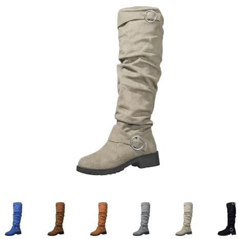 Bottes de cowboy pour femme en daim - Bottes hautes pour femme - Bottes western à plateforme avec boucle - Bottes longues à enfiler - Bottes d'équitation rétro - Talon bloc - Semelle profilée - Bottes