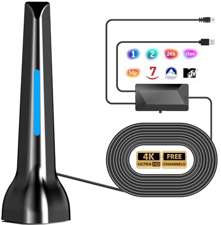Antena TV Interior Potente con Amplificador, Recepción de Largo Alcance de más de 260+ Millas Antena TV Portatil de Alta Ganancia, Admite Canales Locales gratuitos 4K 1080P DTMB DVB-T2 DVB-T VHF UHF