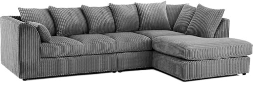 3&2 Seated Couches, 4-5 Seater L Shape Left & Right Hand Corner Sofa Grey, Comfortable 3+2 Settee Sofa Set, Durable and Elegant Love Seat and Arm Chair, Jumbo Cord Sofas for Living Room (RH 5 Seater)
