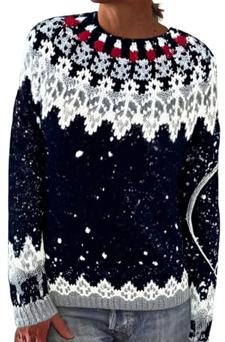 Pull d'hiver pour femme - Pull norvégien pour femme - Pull d'hiver surdimensionné - Pull en tricot - Col rond - Pull chaud pour femme - Manches longues - Haut rayé - Pull en grosse maille - Pull 2025