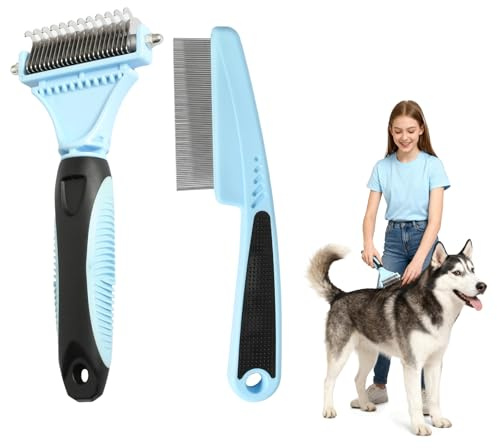 Juego de Cepillos para Mascotas con Peine de Aseo y Eliminador de Pulgas, Púas de Acero Inoxidable y Mango de Plástico, Ideal para Gatos y Perros de Pelo Largo o Corto