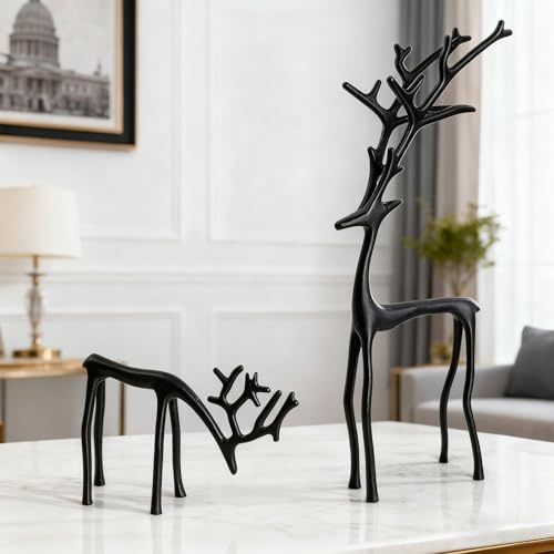 2025 Christmas Decorations - Set of 2 Black Reindeer Statues - Modern Xmas Figurines - Elegant Indoor Holiday Decor - Table Centerpieces - Ideas for Mantel Living Room Bedroom Office (A+B)