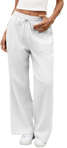 Shephorion Pantalones de Lino para Mujer Moda Verano Jogger Anchos Ligeramente Transparente con Forro Cordón Ocio Bolsillos