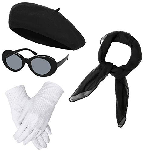 NUWIND 1940er Französisch Klassisch Kostüm Zubehör Set inkl. Barett Brille Handschuhe Chiffon Schal, Retro Accessoires für Mädchen Damen Frauen (schwarz)