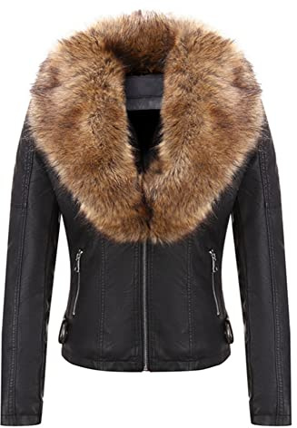 Geschallino Veste Courte en Faux Cuir pour Femme Manteau Doublé en Sherpa Hiver avec col en Fourrure Amovible 9201 Noirjaune S