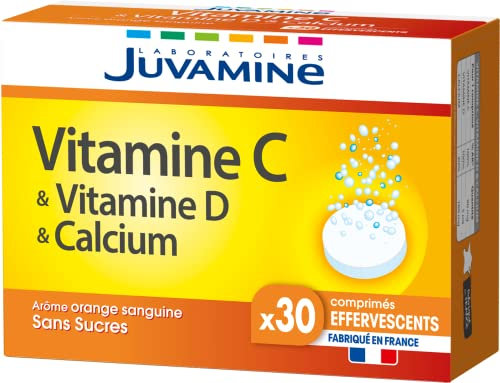 JUVAMINE - Vitamine C, Vitamine D & Calcium - Fatigue - Vitalité - Vitamines - 1 Mois de Programme - 30 Comprimés Effervescents - Sans Sucres - Fabriqué en France