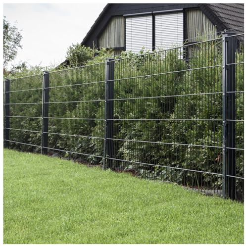 HORI Doppelstabmattenzaun Komplettset 6/5/6 Zaun Gartenzaun mit Abdeckschiene – 2 Zaunelemente 200 cm & 3 Pfosten zum Einbetonieren Höhe 163 cm - Länge 14 m - Anthrazit I RAL 7016