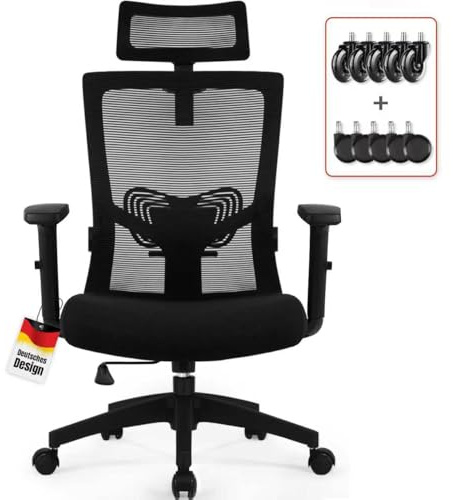 Daccormax Bürostuhl Ergonomisch, Schreibtischstuhl mit Verstellbarer Kopfstütze, Armlehnen, Lendenwirbelstütze, Drehstuhl Wippfunktion bis 135°, Chefsessel aus Mesh,Rückenschonend, Bürostuhl 150kg