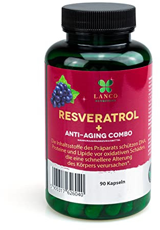 Lanco Resveratrol Anti-Aging Combo mit Quercetin EGCG Kurkumin Berberin Apigenin Piperin Beauty Kapseln Tabletten Hochdosiert, Nahrungsergänzungsmittel, Vitamine&Supplements für Erwachsene 90 Kapseln