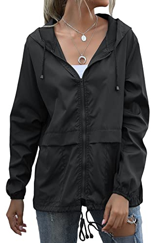 Muzeca Womens Waterproof Raincoat Lightweight Rain Jacket Hooded Rain Coat Outdoor Active Windbreaker with Pocket Black X-Large
