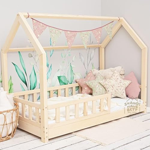 Hausbett 90x160 Mit Rausfallschutz Naturholz - Bell Nuo - Kinderbett mit Lattenrost - Stabiles Rausfallschutz Bett für Kinderzimmer - Gemütlich Kinderbett Mädchen
