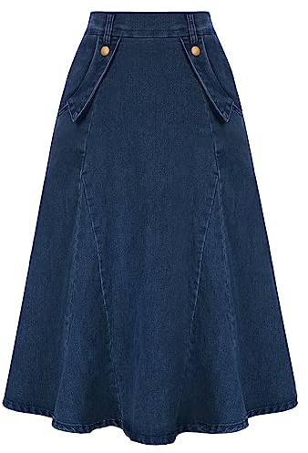 Belle Poque Faldas de Mezclilla para Mujer, Estilo Vintage, Cintura Alta, Acampanadas, largas, con Bolsillos, Azul Oscuro, Large