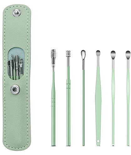 Ear Wax Removal Kit, 6 Pcs Stainless Steel Ear Spoon Ear Wax Cleaner,Reusable Ear Wax Remover Set With Leather Storage Case for Personal and Home Use Ear Cleaner Tools (Green)