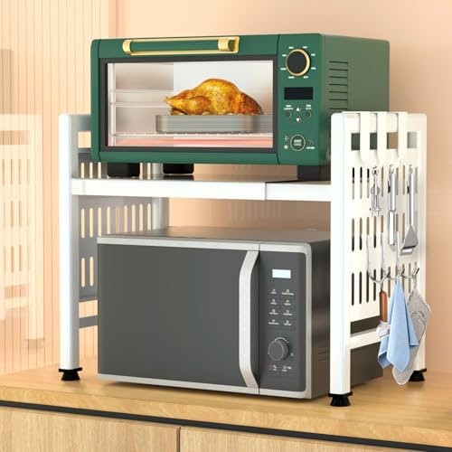 ZLPBAO Estantería para microondas 2 niveles, color blanco, alta estabilidad antideslizante, pies de goma - Altura y longitud ajustable 40-64 cm, estantería de cocina