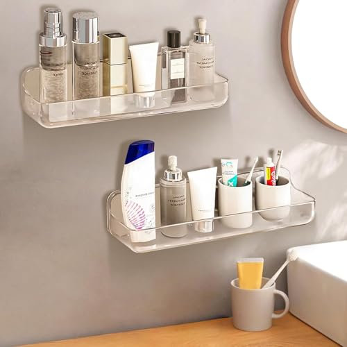 CGBE Duschablage Ohne Bohren, 2 Packs Transparenter Badezimmer Organizer für Wandmontage mit selbstklebendem Klebeband, Kunststoff-Duschregale für Badezimmer und Küche-Lange Version