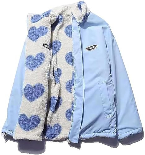 GOZYLA Women's Fleece Zip Up Jackets Reversible Kawaii Heart Print Zipper Coats Aesthetic Y2k Clothes Tops E-Girl Baggy Sweatshirt (Color : Blau, Size : M)