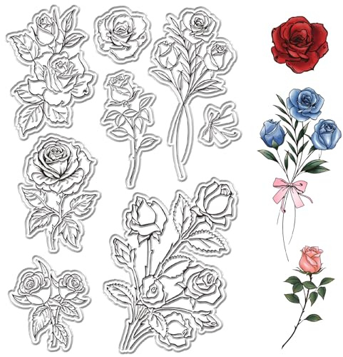 CRASPIRE Sellos de Goma Transparentes con Flores, Rosas, Plantas, Sellos de Sellos de Silicona Transparentes Retro Reutilizables para el Día de San Valentín, Álbumes de Recortes, Álbumes