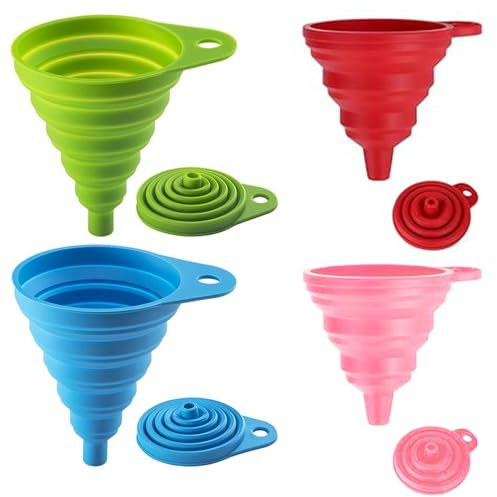 4 Pezzi Imbuto in Silicone, Multifunzione Portatile Pieghevole Imbuto ad Retrattile, Imbuto Pieghevoli in Silicone, Imbuto Portatile, per Trasferire Liquidi e Polveri