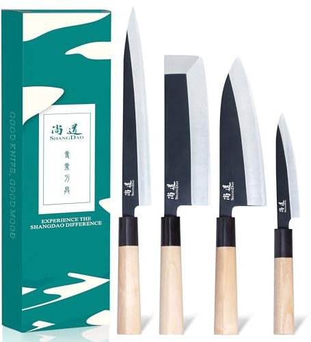 SHANGDAO Set da Cucina Giapponese per Chef di 4 Coltelli Set Set di Coltelli per Sushi, Coltello da Cucina Nakiri-Yanagiba-Deba-Utility, Set di Coltelli per Affettare Pesce