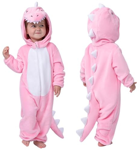 Spooktacular Creations Unisex barnpyjamas för pojkar, rosa dinosauriehuvtröja med svans, pyjamas med dragkedja för halloween, cosplay kostym, (18–24 månader)