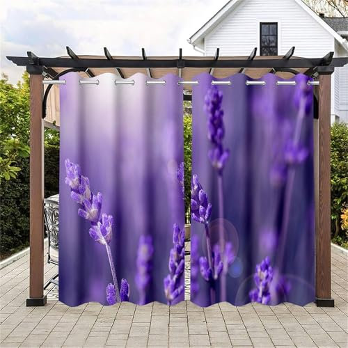 Hiseng wasserdichte Vorhänge Outdoor, 3D Lavendel Muster Outdoorvorhänge Wetterfest 2 Stück Verdunkelungsvorhang Blickdicht mit Ösen Sichtschutz Vorhang (137x243cm,Lila Lavendel)