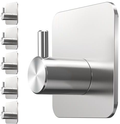 Menz Toallero sin taladrar, juego de 6 ganchos, ganchos adhesivos resistentes al agua, ganchos de acero inoxidable para baño, autoadhesivos, toalleros de baño con alta