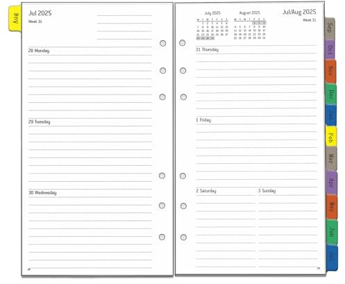 2025 2026 Wochenplaner Einlage Personal A6, 6 Löcher, 1 Woche 2 Seiten mit Tabs, Extra Notizen Kontakt, Aug.25 bis Jul.26, 100 gsm, Kalendereinlagen für Kalender 2025 2026 Planer, auf Englisch