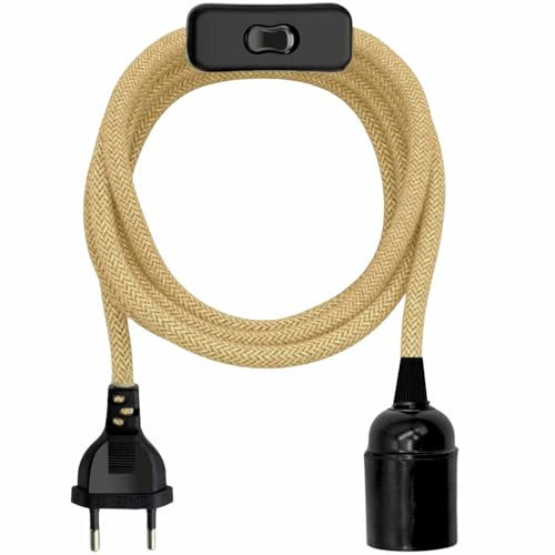 TECHZOCO Portalámpara E27 con Interruptor, Adaptador de lámpara E27, Base para Bombilla, Enchufe + Interruptor ON/Off, Cable 1.50 Metros, Casquillo e27, Diseño Vintage, máx. 60W, Trenzado, Beige