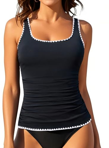 Aqua Eve Tankini Tops for Women Swimwear Top Only Tummy Control Bathing Suit Top No Bottom (Available in Plus) Black 02 M