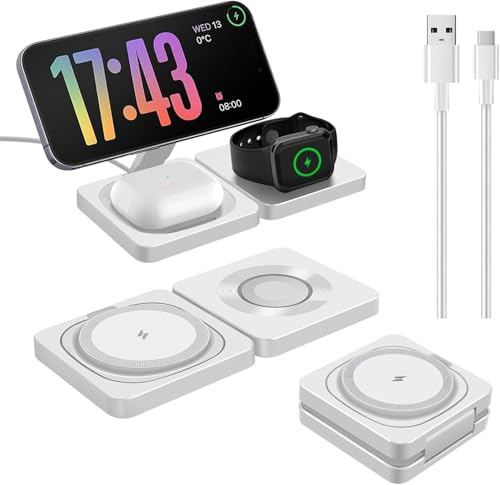 Chargeur Induction Station de Charge sans Fil Rapide Compatible Magnétique, Appareils Multiples pour iPhone 17 16 15 14 13 12 Pro/Max/Plus, iWatch 11 10 Ultra 9 8 SE 7 6 5 4 3 2, pods pro/2/3/4