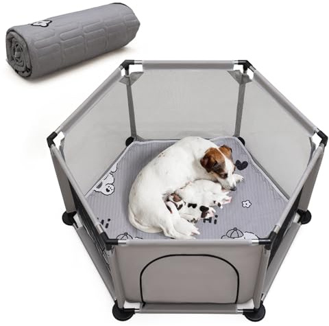 Box esagonale per cuccioli di cane extra alto box per parto + tappetino per il parto per cani di taglia grande e piccola taglia forniture per il parto essenziale per cani cuccioli 122 x 65 cm