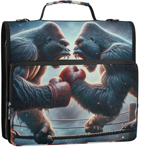 Custom Zipper Binder Organizer 3 Ring Binders 1 1/2 Inch D Ring Gorillas Boxing Battle Multi Pockets Large Portfolio Folder Binders with Strap Middle School Bag