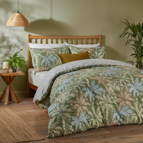 Juego de Funda nórdica Kentia de Edredón Day: Ropa de Cama Reversible con Estampado Tropical de Palmeras y geométrico (Verde Palmera - Individual)