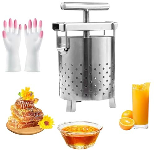 Prensa manual de miel, prensa de vino de frutas de acero inoxidable, herramienta de apicultura de 2.6 galones con mango en T y base estable para uso doméstico