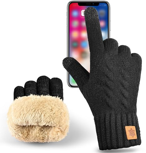 BAVATEE Gants Thermiques Femme, Gant Hiver Homme épaisseur peau d’agneau, Gants Tactile Smartphone papier conducteur, pour hiver/extérieur Gant Chauffant, cadeaux Noël ou fêtes. (noir)