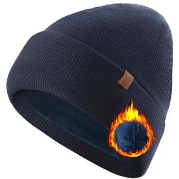 TRENDOUX Beanie Lavorato Pile Lnverno, Berretto Lana Merino Bordo Risvoltato Foderato Doppio, Adatto Uscite Quotidiane Sci Guida Ciclismo Escursioni - Blu Navy