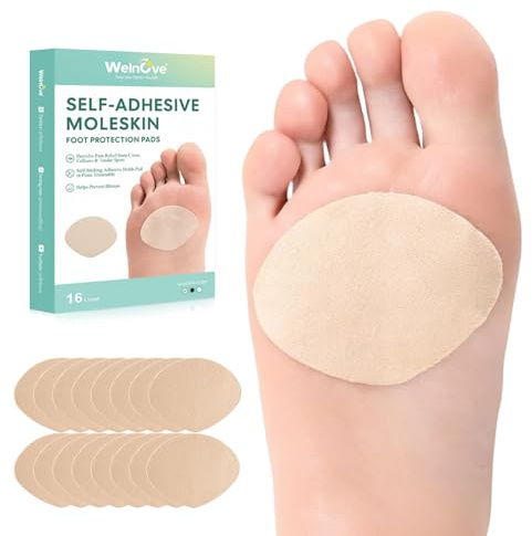 Welnove Cuscinetti Adesivi Moleskin per Piedi, Cerotti per Vesciche ai Piedi, Design a Forma di Settore per l’Avampiede, Patch Moleskin per Calli e Protezione da Vesciche, 16 Fogli, Beige