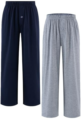 Arshiner Pojke Pyjamasbyxor 2-pack mjuka och bekväma med knappar fram enfärgad ledig lång med 2 fickor pyjamasbyxor för pojkar 7–15 år, Marinblå och grå, 11-12 anni